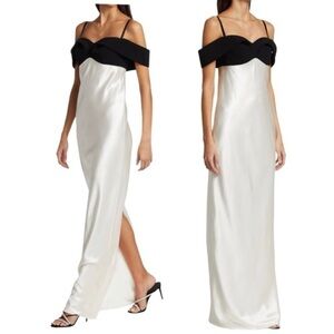 Brandon Maxwell Off-The-Shoulder Silk Draped Black Bow Accent Maxi Dress Gown